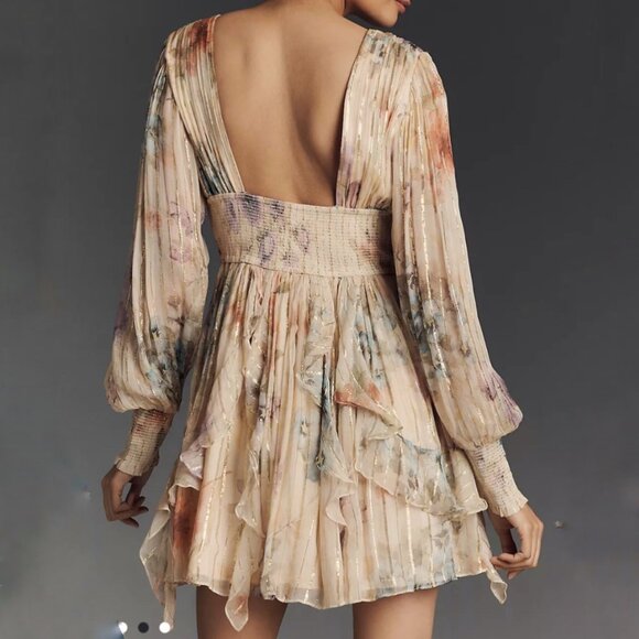 NEW Anthropologie Forever That Girl Lurex Mini Dress Floral Long Sleeve Medium - Picture 2 of 14